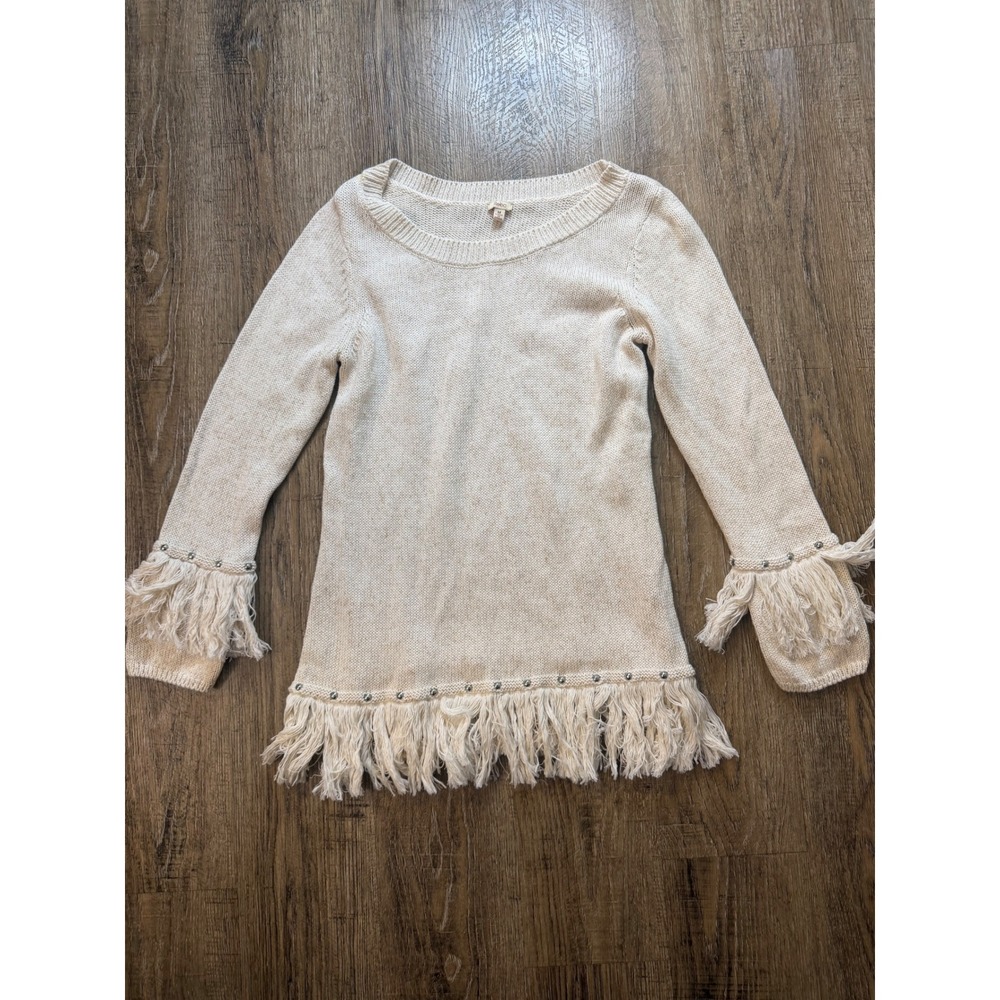 Reba Cream Cotton Fringe Studded Boho Sweater Medium Ivory Western Knit Pullover